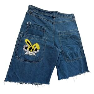 A-Lab Mens Denim Shorts Size 34 Blue Embroidered Bunny Wide Leg Raw Streetwear